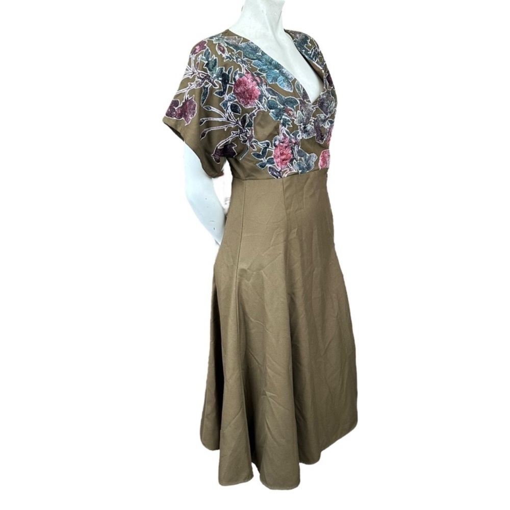 Anthropologie Hemant + Nandita Olive Green & Velvet Floral Short Sleeve Dress 6 - Picture 5 of 14